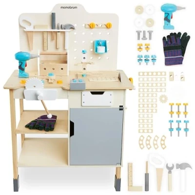 Image de Mamabrum, grand atelier bois avec outils XXL kit, 74 éléments, table de travail, établi perceuse enfants à partir 2 ans