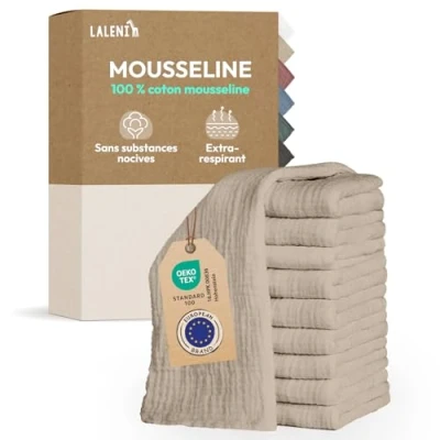Image de Laleni Lot de 20 Lange Bebe 70x70 Langes Coton bébé Haute qualité 100% Multi Usage Gaze mousselines très absorbantes debarbouillette Lavable Carre Beige