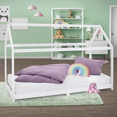 Image de ML Design Lit d&#039;enfants 90x200 cm avec Toit et Sommier en Bois de Pin Massf,Blanc, Structure Maison Cabane pour Fille Garçon, Stable Robuste, Jeu Intérieur, Simple d`Adolescents
