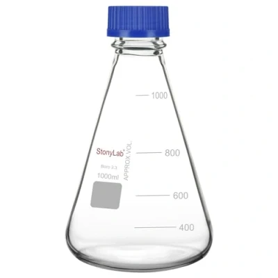 Image de stonylab Fiole Erlenmeyer avec Bouchon à Vis Bleu, Graduée, en Verre Borosilicaté pour Laboratoire, 1000 ml