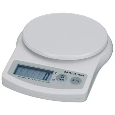 Image de MAUL pese lettre MAULalpha 18,8 x 14,1 3,7 cm Balance stable jusqu&#039;à 5kg Grande surface de pesage Ø 12,4 Mise à zéro automatique et arrêt Piles incluses Blanc