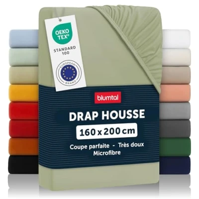 Image de Blumtal Basics Drap Housse160 x 200 30cm Housse 160 30cm, Microfibre De Haute Qualité Doux, Résistant, Anti Plis Certifié Oeko Tex Light Olive Green Vert