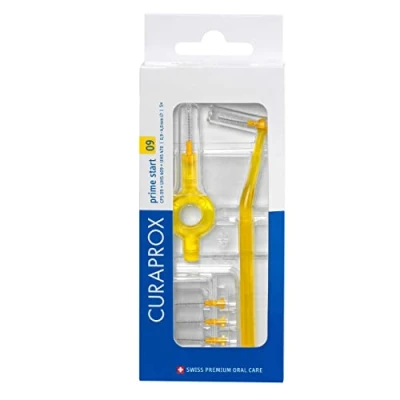 Image de Kit De Démarrage Brossettes Interdentaires Curaprox Cps 09 Prime Iso Taille 2, Jaune Comprend 5 Et 2 Supports Pour Un Nettoyage Efficace Des Espaces Étroits Fabriqué en Suisse
