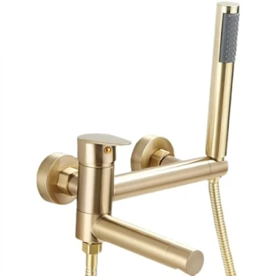 Image de Mitigeur De Baignoire Robinet Mural Monocommande Laiton Douche Avec Douchette À Main Et Flexible 1,5m, Bain/douche, Or Brossé