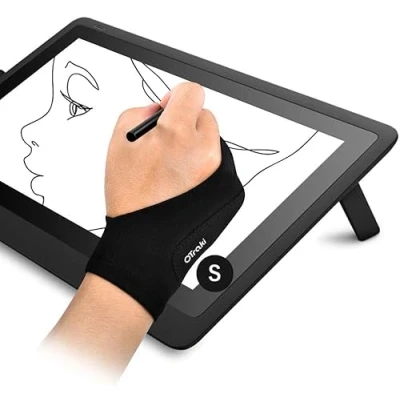 Image de OTraki Lot de 2 Gants Dessin pour Tablette Graphique Gant Artiste Anti fouling Tissu Élastiques à Deux Doigts Droitier Gaucher Pad Dessiner, Taille S (7x18.5cm)