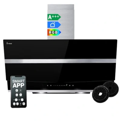Image de Hotte aspirante 90 cm murale avec hauteur debout Acier inoxydable Verre noir WiFi Arrêt automatique Éclairage LED RGBW Commande tactile HERMES9005SM
