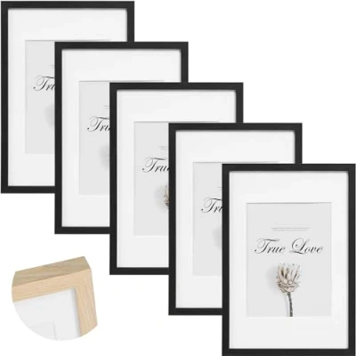 Image de EUGAD Lot de 5 Cadre Photo, Photo avec Passe Partout, en Bois Massif et Plaque Plastique, Mural 30x40cm, à Poser sur Table, pour Salon, Chambre, Entrée, Bureaux, Noir