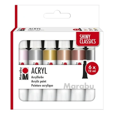 Image de Marabu couleurs acryliques SHINY CLASSICS, 6 x 12 ml de métalliques chatoyantes, faciles à peindre, séchage rapide, résistantes la lumière et aux intempéries, 1210000000212
