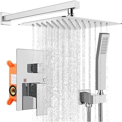 Image de Colonne de Douche Encastrée, Ensemble Encastré, Encastrable Set Chromé, Kit avec Tête Carrée 25x25cm Laiton&amp;Acier Inoxydable