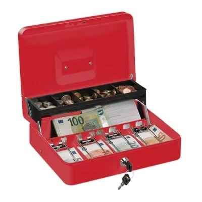 Image de Relaxdays Caisse à Monnaie, verrouillable, Compartiments pour pièces et Billets, Fer, HLP 8,5 x 30,5 24,5 cm, Rouge