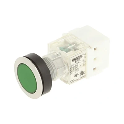 Image de Schlegel 23.000.507 Bouton poussoir en acier inoxydable, capuchon vert, contacteur 1 ouverture/1 fermeture, raccord à vis