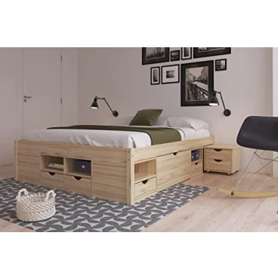 Image de Inter Link Lit double Multifonction Avec rangements fonctionnel tables de chevet 6 tiroirs 8 niches Bois massif 2 sommiers Nature Claas 160 x 200 cm