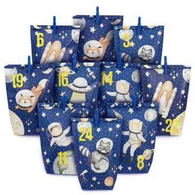 Image de Calendrier de l&#039;Avent extravagant à remplir avec 24 sacs cadeaux imprimés bleus et autocollants pinces numéros univers des motifs pour bricoler offrir Noël Avent
