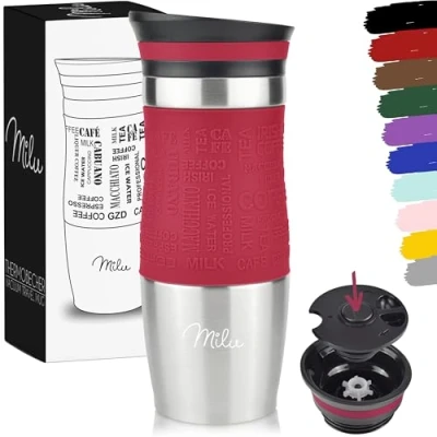 Image de Milu Mug Isotherme Etanche 370ml, 450ml I Thermos Tasse pour café et thé à emporter, Double Paroi Isolée sous Vide, Acier Inoxydable de voyage Chaud &amp; froid (Rouge)