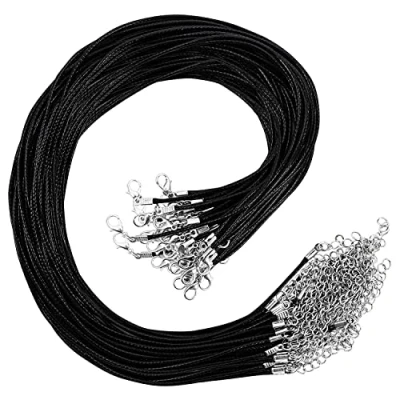 Image de Kurtzy Lot de 50 Cordons Colliers Cirés Noirs avec Chaîne &amp; Fermoir Mousqueton 48,5 cm Cordon pour Fabrication Bijoux en Polyester à Pendentifs, Bracelets Chaines Chevilles