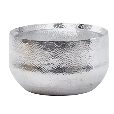 Image de FineBuy Table Basse de Salon Aluminium Martelée 60x60x35 cm Metal Orientale Argent Petite Canapé Ronde Design d&#039;appoint Moderne