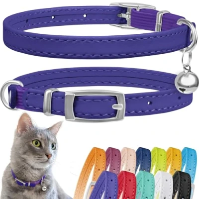 Image de CollarDirect Collier pour Chat en Cuir, de Sécurité avec Sangle Elastique, Chaton Cloche Noir Bleu Rouge Orange Vert Lime (Violet, 20 28 cm)