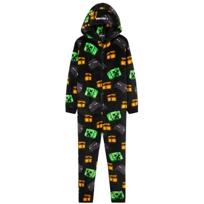 Image de Minecraft Combinaison Polaire Garçon Ado, Pyjama à Capuche, Vêtements de Nuit Enfants Cadeau Gamer (Noir/Multi, 9 10 Ans)