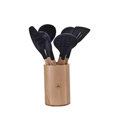 Image de LAGUIOLE 5 x Ustensiles de Cuisine Écumoire, Louche, Spatule, Pinceau à badigeonner, Cuillère spaghetti, Friture, Sauce Antiadhésif Noir Silicone Bois clair