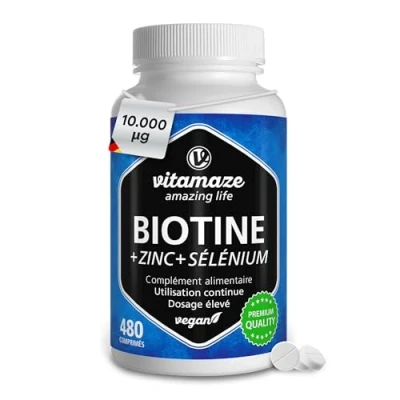 Image de Biotine Cheveux 10.000mcg 480 Micro Comprimés (1 An et Demi) avec Sélénium Zinc Accélère Pousse des Cheveux, Peau Onglés Vegan Pure Vitamine B8 Sans Additifs Inutiles Vitamaze®