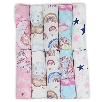 Image de FENSILO Langes Coton Bébé Lange en Mousseline de (Lot 10) Made in EU Bebe 70 x 80 cm Super Doux et agréable Les Rose