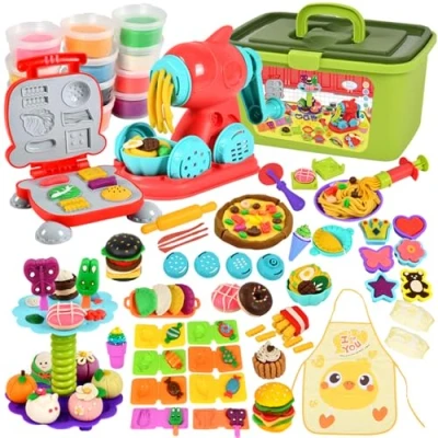 Image de UCAMP 65 Pièces Pate a Modeler pour Enfants,Outils de Pâte À Modeler,Machine à Glace+Machine pâtes+Machine Burger,avec 12 Pots Modeler,avec Tablier et Manches,pour 3+ Ans Fille &amp; Garçon