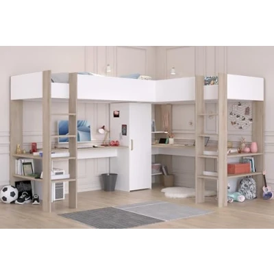 Image de Lit double mezzanine combiné enfant ALEXANDRA avec 2 bureaux et rangements 2x90x200 cm Blanc/Chene Sommiers inclus PA…