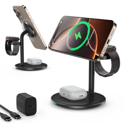Image de Station de Charge à Induction, Chargeur sans Fil Trois en Un, Compatible avec Le Mag Safe, Convient pour iPhone 16 15 14 13 12, iWatch S10/9/8/7/6/5/4 Noir