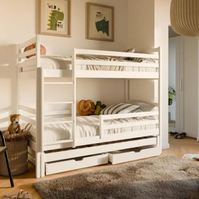 Image de Lit Mezzanine 90x200 avec gigogne superposé Fonction gigogne, Deux tiroirs, sommier à Lattes, Protection Contre Les Chutes, Transformable en Trois Lits Simples, Bois Massif Blanc