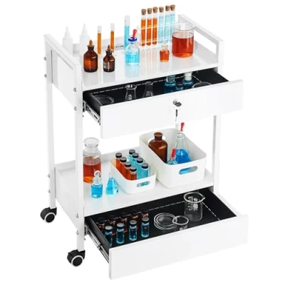 Image de VEVOR Chariot de Laboratoire 2 Niveaux, Médical en Acier Inoxydable, Service Grande Capacité Charge 100 kg, avec Tiroirs, pour Salon Hôpital, Usage Dentaire, Blanc