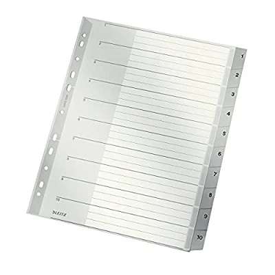Image de Leitz Index A4, couverture en carton et 10 intercalaires plastique, tablettes avec numéros imprimés de 1 à onglets, grande largeur, gris, 12800000, pièce