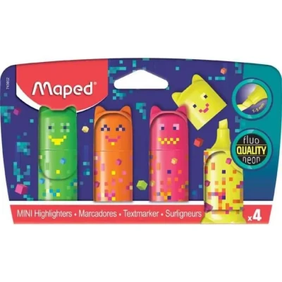 Image de Maped Mini Surligneurs Pixel Party Petits de Poche Originaux en forme personnages Vert, Orange, Rose, Jaune