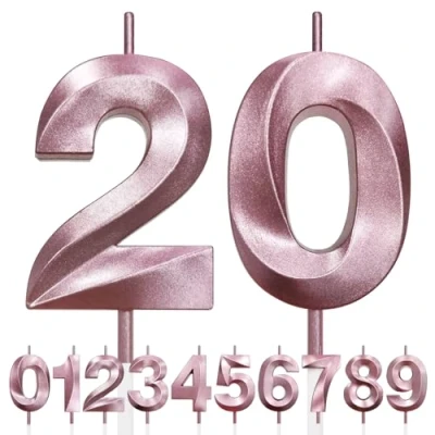 Image de 20th Bougie D&#039;anniversaire à Paillettes Or Rose au Design 3D, Bougies Numérotées pour 20e, Décorations de Dessus Gâteau, Gâteau Fête D&#039;anniversaire, Anniversaire Mariage