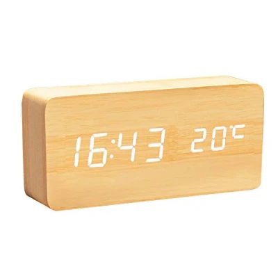 Image de ThreeH Réveil Numérique à LED en Bois Artificiel avec Température Luminosité Date Réglable Contrôle Vocal AC11Jaune_Blanc