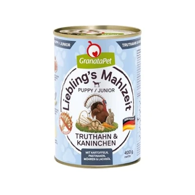 Image de GranataPet Liebling&#039;s Repas Dinde &amp; Lapin Junior Nourriture Humide pour Chien sans céréales et Sucre ajoutés Aliment Complet 6 x 400 g