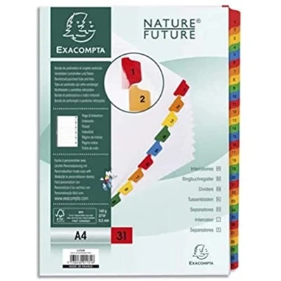 Image de Exacompta Réf. 1131E Intercalaires en carte blanche 160g/m2 FSC® avec 31 onglets imprimés numériques de 1 à couleur Page d&#039;indexation imprimable Format classer A4 Dimensions 22,5x29,7 cm