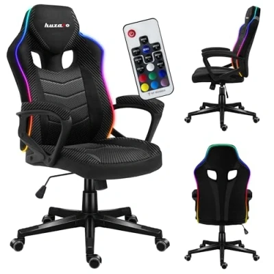 Image de huzaro Force 2.5 RGB Éclairage LED Chaise Gaming Réglable en hauteur Pivotante avec fonction bascule Design ergonomique Accoudoirs souples Roues caoutchouc Structure carbone et noir