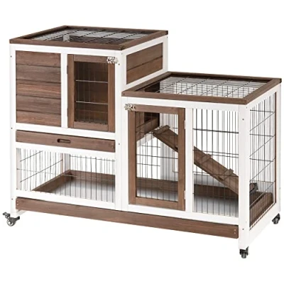 Image de PawHut Clapier à Lapin sur roulettes Cage intérieur extérieur 2 étages Portes verrouillables Plateaux coulissants Rampe Bois de Sapin Marron Blanc