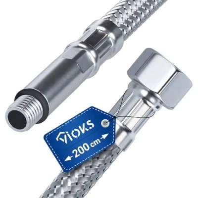 Image de VIOKS Tuyau de raccordement 3/8&quot; ÜM x M10 200 cm d&#039;arrosage pour Robinet et eau Raccord en acier inoxydable Rallonge d&#039;eau flexible cuisine