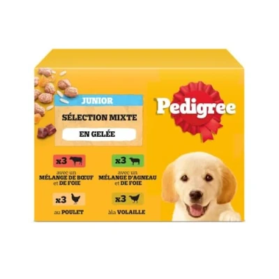 Image de Pedigree junior Sélection Mixte sachets fraîcheur en gelée Nourriture pour chien 4 saveurs différentes 48 de 100 g