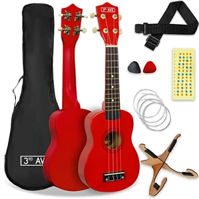 Image de 3rd Avenue Pack Ukulélé Soprano 53 Cm pour Débutants Housse, Stand, Sangle, Cordes, Médiators et Repères Autocollants Rouge