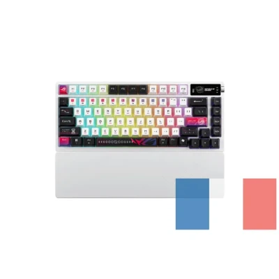 Image de ASUS ROG Azoth X Clavier Gaming Mécanique sans Fil 75% AZERTY Switch NX V2 Hot Swap, OLED, RGB, Bluetooth/2.4GHz/USB Blanc avec Repose Poignets