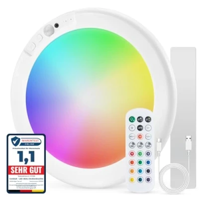 Image de Combuh Plafonnier Led Detecteur de Mouvement, RGB Lampe Plafond Rechargeable Sans Fil à Pile, Luminaire Eclairage avec Telecommande, pour Garage, Salle Bain, Salon, Cave, 1 Pièce
