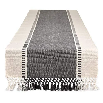 Image de DII Dobby Chemin de table tissé à rayures, 33 x 183 cm, 190 cm avec les franges Gris minéral