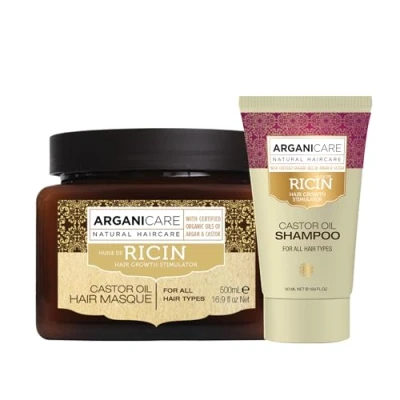 Image de ARGANICARE Gamme Ricin Masque Renforçateur 500 ml + Shampoing 50 À l’huile de Bio Soin pour cheveux Nourrit Renforce Hydrate Tous types