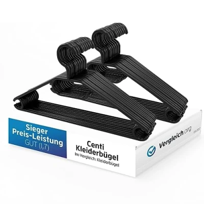 Image de 2friends Lot de 50 cintres noirs avec crochets pivotants, noirs, en plastique noir, peu encombrant, fabriqués UE, matériau durable 100 % recyclé, modèle Leo