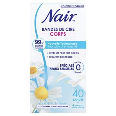 Image de NAIR Bandes de Cire Froide Corps, Spéciales Peaux Sensibles, à l&#039;Extrait Camomille, 99% d&#039;Origine Naturelle, 40 + 4 Lingettes &quot;Finition Douceur&quot;