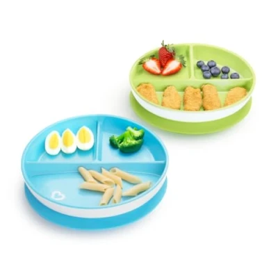 Image de Munchkin Assiettes à Compartiments Stay Put, d’Apprentissage Enfant avec Ventouse, Bol pour Bébés dès 6 mois, Vaisselle Bébé sans BPA Bleu/Vert, Lot de 2