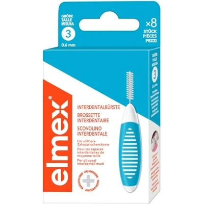 Image de elmex Brosse interdentaire bleue (taille 3, 0,6 mm), 1 x 8 brosses interdentaires pour le nettoyage des espaces moyens