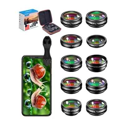 Image de Apexel 10 in 1 kit Objectif Grand Angle et Macro + Fisheye téléobjectif écran LCD/Flux/Radial/étoile+Filtre kaléidoscope+obturateur+pour iPhone Samsung la Plupart des téléphones